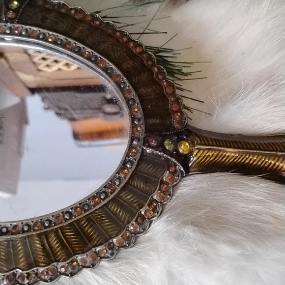 . Vintage Hand Held Mirror - Orange Brown Enameled w Rhinestones Vanity Mirror - Picture 3 of 9